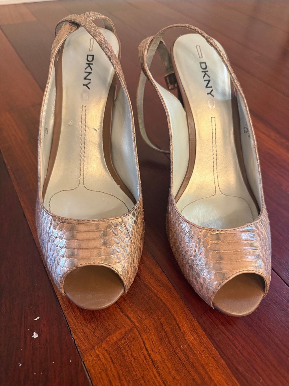 DKNY Metallic Rose Gold Peep-Toe Slingback Heels
